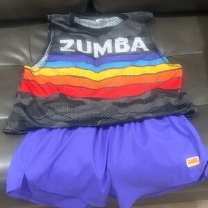 Zumba Fitness Black Mesh Tank with Rainbow Stripes & Purple Athletic Shorts